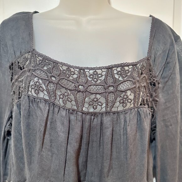 Free People Linen/Cotton Charcoal Gray Dress w/Embroidered Trim Size L - Picture 4 of 16